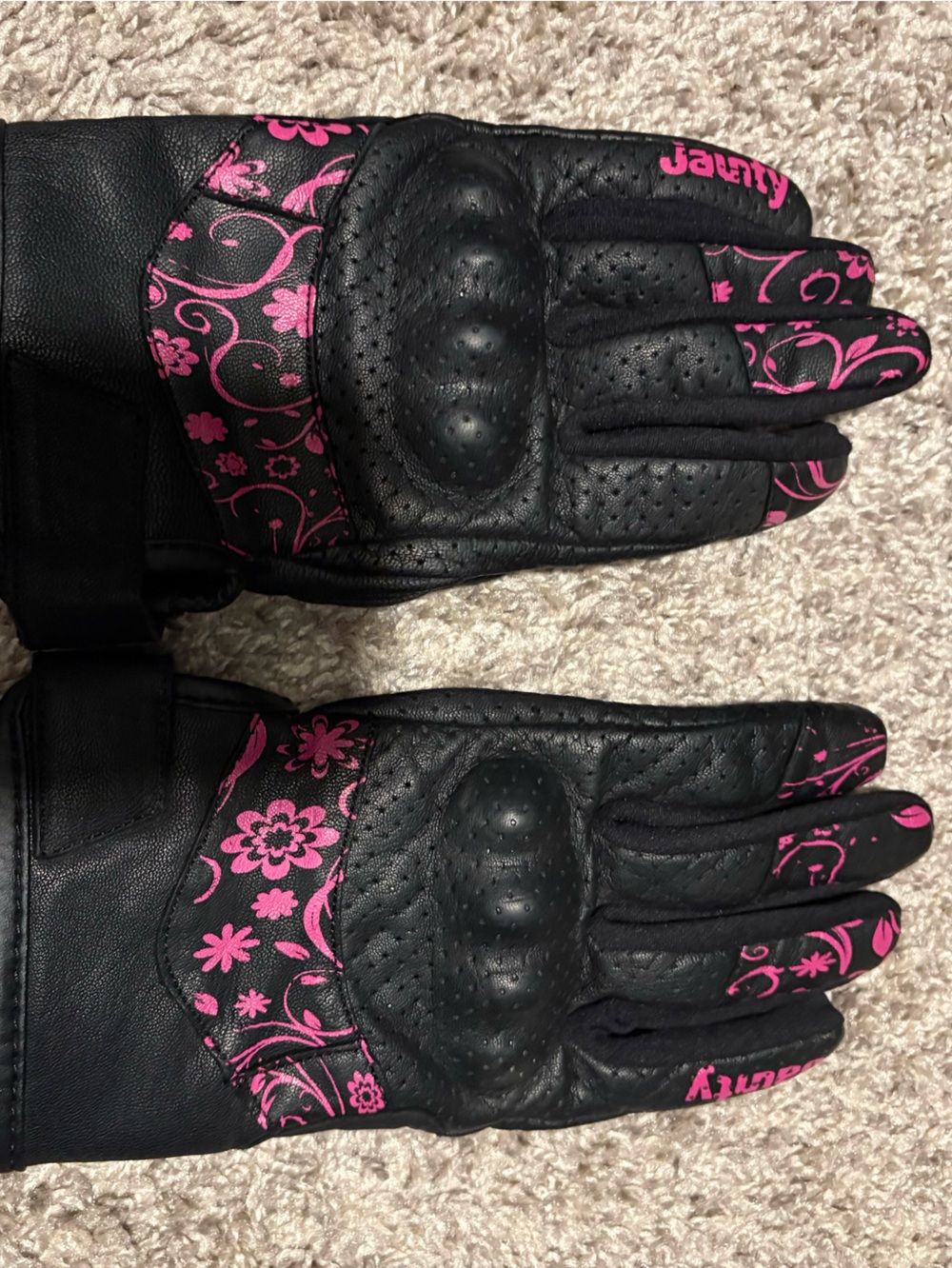 Black and Pink Floral Women's Riding Motorcycle Biker Leather Gloves